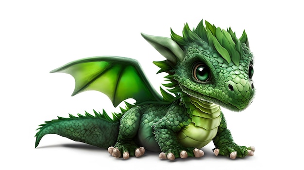 Foto cute baby green dragon sitzt isoliert auf weißer generativer ki