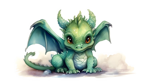 Cute Baby Green Dragon sitzt isoliert auf weißer generativer KI