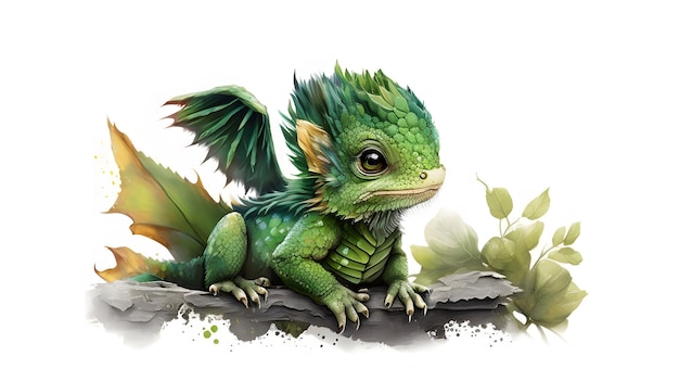 Cute Baby Green Dragon sitzt isoliert auf weißer generativer KI