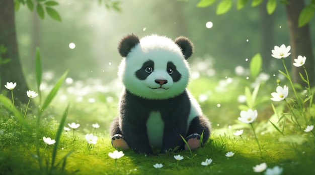 Cute Baby Panda Sitting Among Flowers in a Sunny Forest