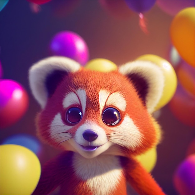 Cute Baby Red Panda mit Luftballons alles Gute zum Geburtstag Grußkarte 3D-Rendering-Cartoon-Illustration