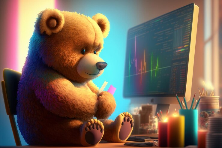 Foto cute bear com computador bearish no mercado de ações e moeda criptográfica generative ai