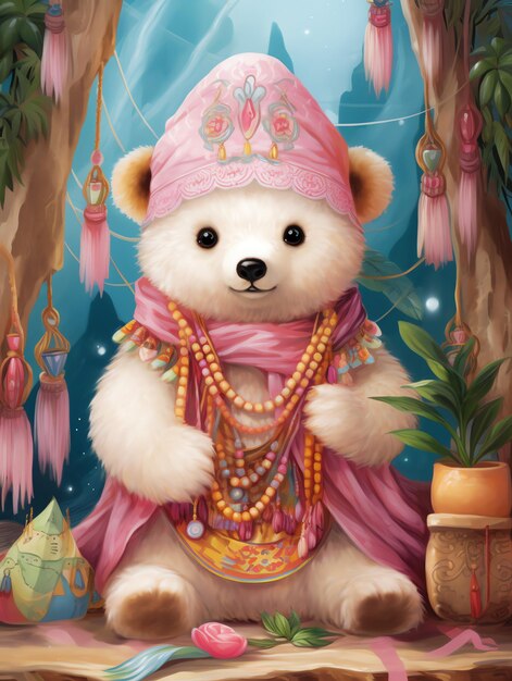 Foto cute bear mit boho gebet fahnen für kinder kindergarten illustration wandkunst dekoration