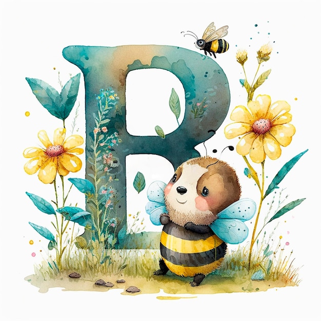 Cute Bee y la letra B Explorando la naturaleza y aprendiendo el alfabeto ilustraciones de acuarela para niños