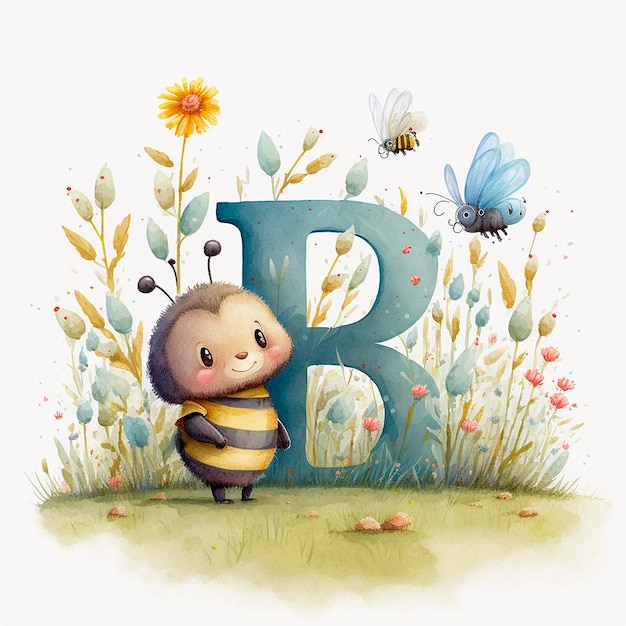 Cute Bee y la letra B Explorando la naturaleza y aprendiendo el alfabeto ilustraciones de acuarela para niños
