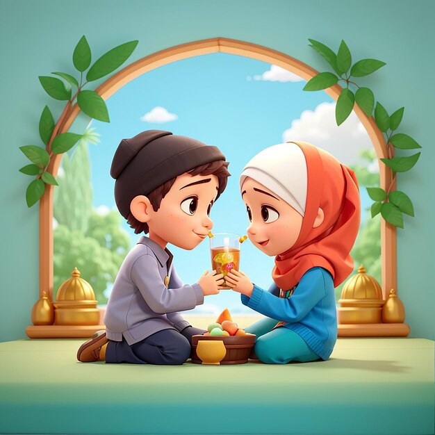 Foto cute boy and girl moslem break fasting together cartoon vector icon ilustração pessoas comida icon concept isolado premium vector flat cartoon estilo