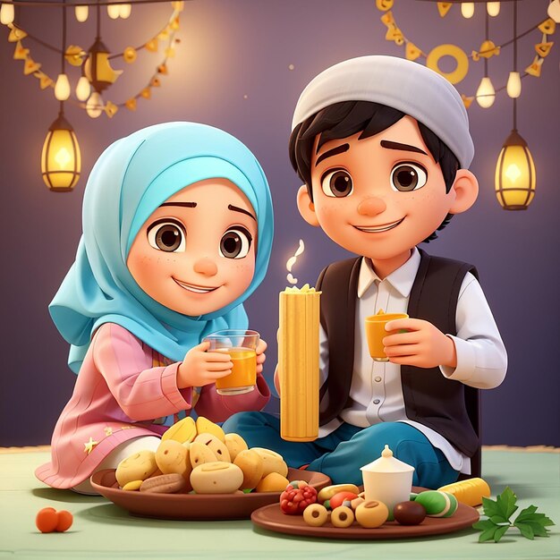 Foto cute boy and girl moslem break fasting together cartoon vector icon ilustração pessoas comida icon concept isolado premium vector flat cartoon estilo