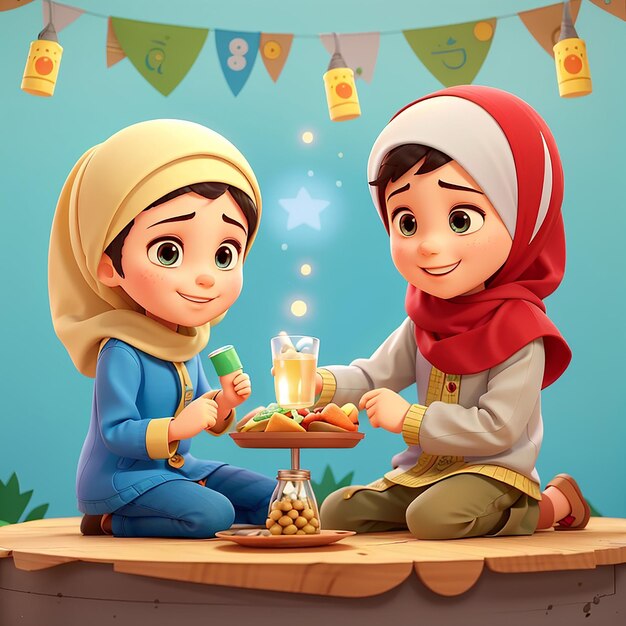 Foto cute boy and girl moslem break fasting together cartoon vector icon ilustração pessoas comida icon concept isolado premium vector flat cartoon estilo