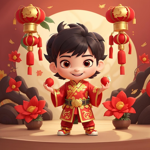 Cute Boy Playing Dragon Barongsai Ano Novo Chinês 2024 Cartoon Icon Vector Ilustração Pessoas Holiday Icon Conceito Isolado Premium Vector Flat Cartoon Estilo