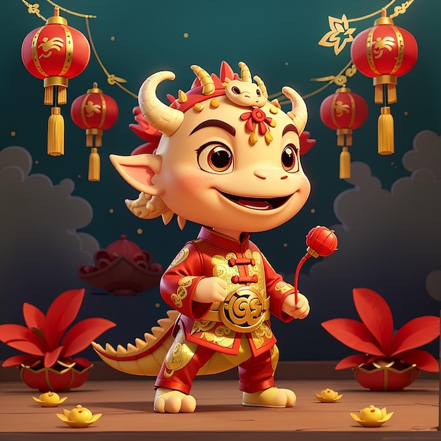 Foto cute boy playing dragon barongsai ano novo chinês 2024 cartoon icon vector ilustração pessoas holiday icon conceito isolado premium vector flat cartoon estilo