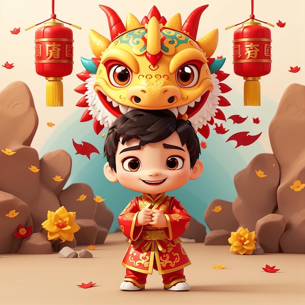 Cute Boy spielt Dragon Barongsai Chinesisches Neujahr 2024 Cartoon Vector Icon Illustration Menschen Feiertag Icon Konzept Isolierte Premium Vector Flat Cartoon Style