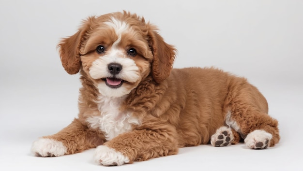 Cute braune Welpe sitzt und lächelt auf einem weißen Hintergrund in Studio-Beleuchtung