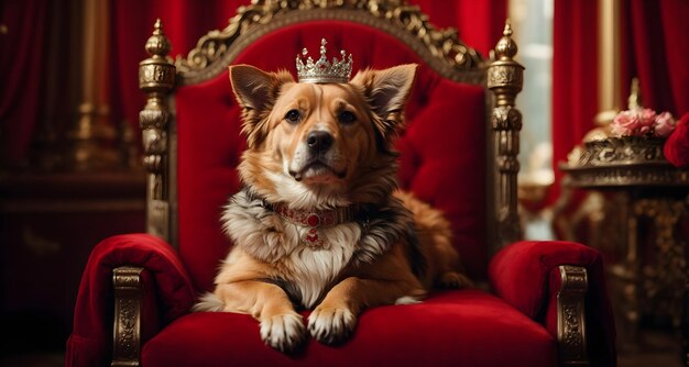 Foto cute brown dog trägt eine krone mit einem lächelnden gesicht und sitzt auf dem thron mit rotem hintergrund