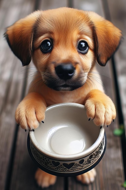 Foto cute brown puppy is holding a bowl in its mouth