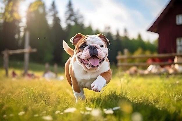 Cute Bulldog spielt im Freien und kopiert den Raum