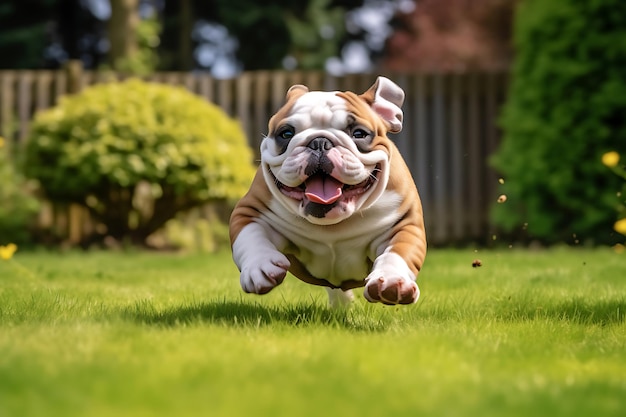 Cute Bulldog spielt im Freien und kopiert den Raum