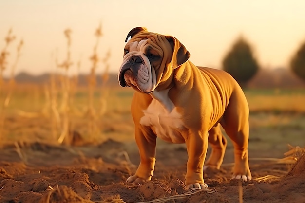 Cute Bulldog spielt im Freien und kopiert den Raum