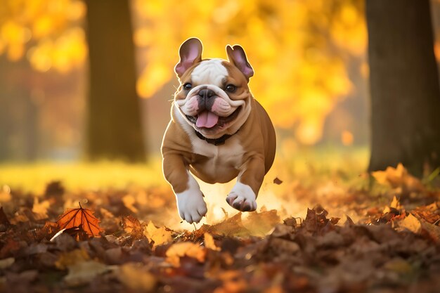 Cute Bulldog spielt im Freien und kopiert den Raum