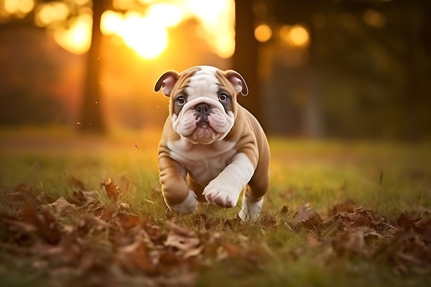 Cute Bulldog spielt im Freien und kopiert den Raum