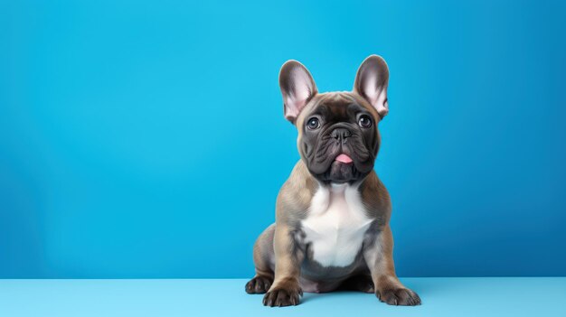 Cute cachorrinho de bulldog francês com a língua saindo sentado em fundo azul AI generativa