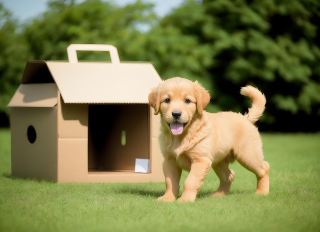 Cute cachorrinho golden retriever de pé em caixa de papelão em verde natureza borrada