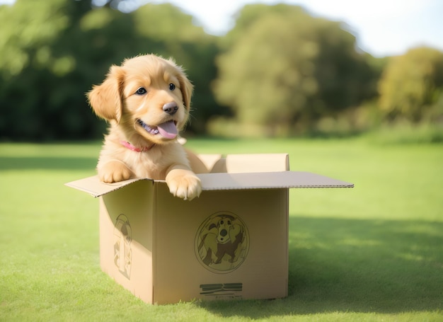 Cute cachorrinho golden retriever de pé em caixa de papelão em verde natureza borrada