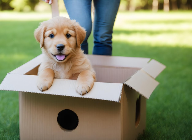 Cute cachorrinho golden retriever de pé em caixa de papelão em verde natureza borrada