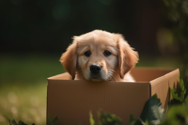 Cute cachorrinho golden retriever de pé em caixa de papelão em verde natureza borrada