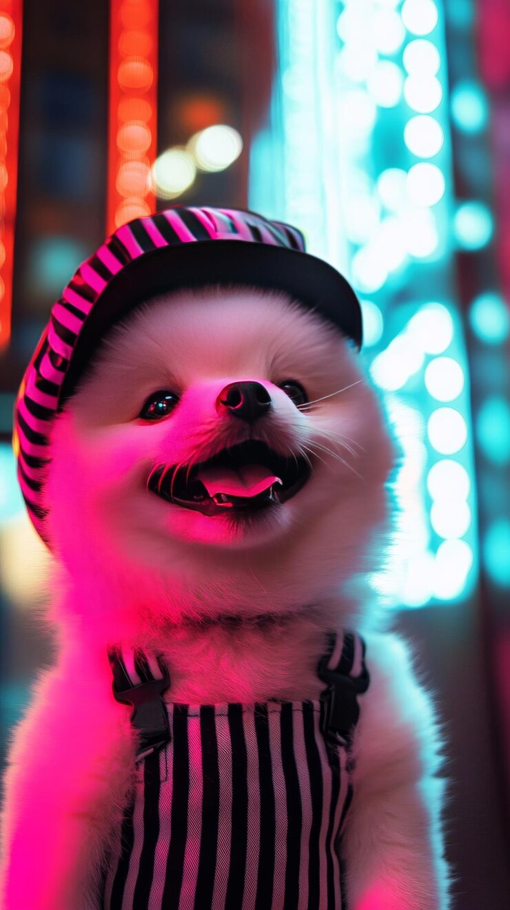 Foto cute cão de pomerânia em um chapéu e um vestido listrado em um fundo de luzes de néon