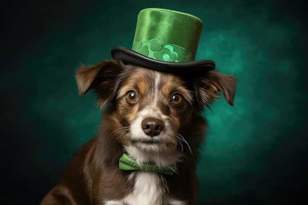 Cute cão do dia de São Patrício com um chapéu elegante IA generativa