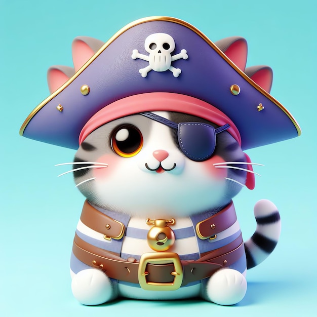 Cute Capitão Pirata gato com espada desenho animado 3D ícone Ilustração Ciência Feriado Isolado