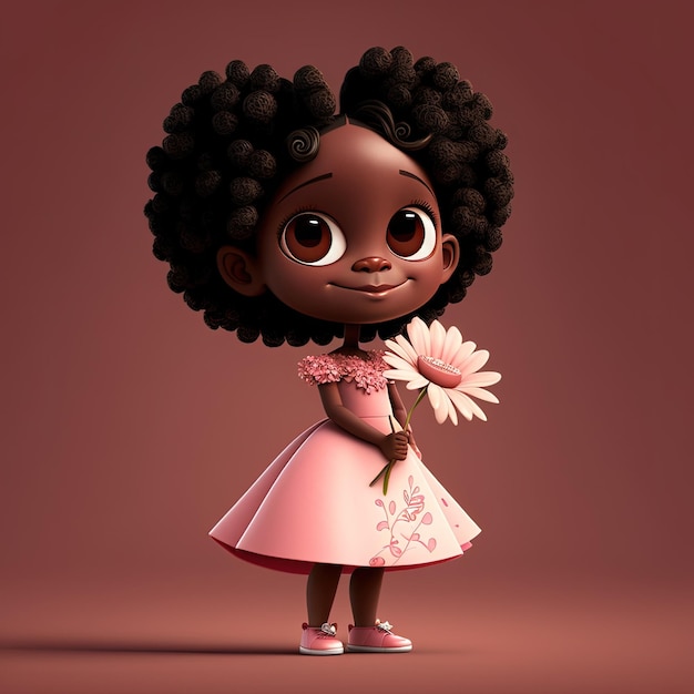 Cute Cartoon African American Girl in einem rosa Kleid mit einer Blume