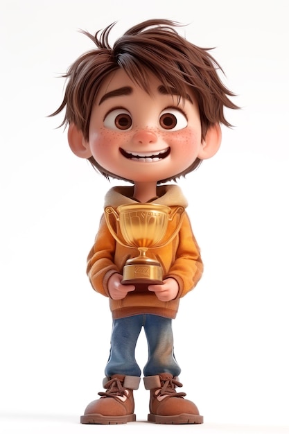 Cute Cartoon Boy mit Golden Award Trophy in seinen Händen extreme Nahaufnahme Generative KI