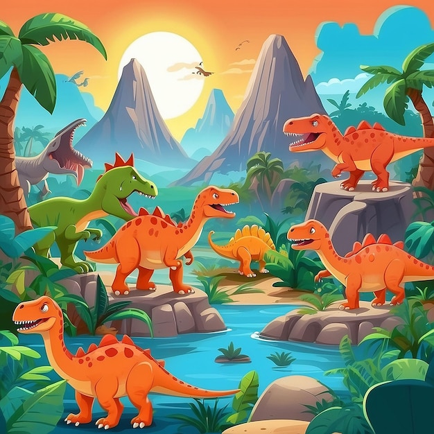 Foto cute cartoon dinosaur scene landscape um desenho animado jurassic cena paisagem com muitos caras amigáveis dinossauros personagens