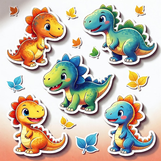 Cute Cartoon Dinosaur Stickers with Autumn Leaves