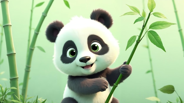 Cute Cartoon Panda Holding Bamboo in a Green Landscape