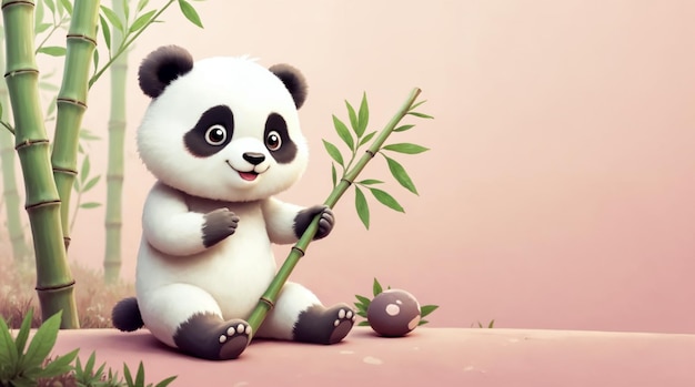 Cute Cartoon Panda with Bamboo Branch
