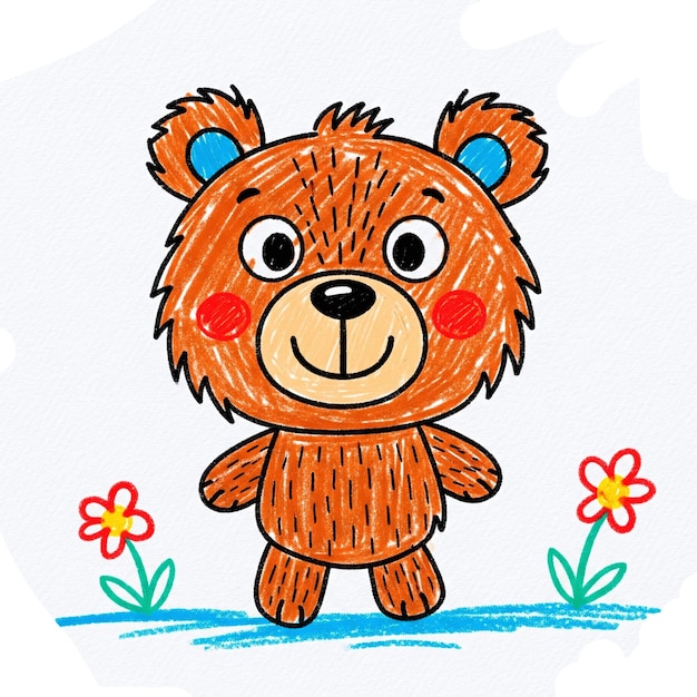 Cute Cartoon Teddy Bear with Flowers