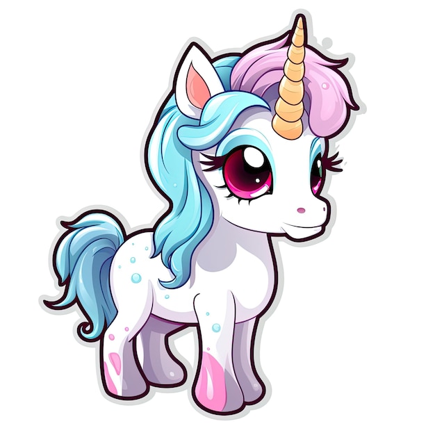 Foto cute cartoon unicorn sticker with colorful hair isolated on white background vector illustration