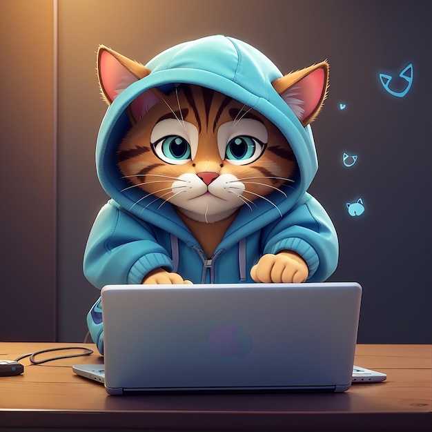 Cute Cat Hacker Operando Laptop Cartoon Ícone Vector Ilustração Tecnologia Animal Ícone Conceito Isolado Premium Vector Flat Estilo de Cartoon