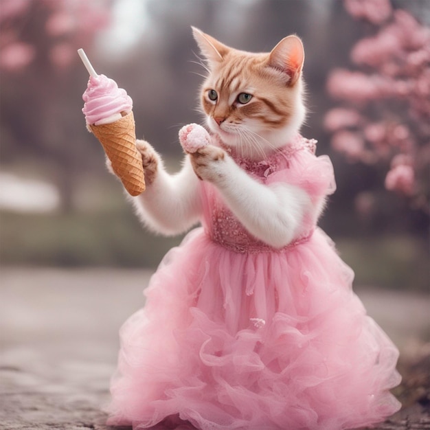 Cute Cat In Barbie Dress comiendo helado imagen de fantasía generada por ai