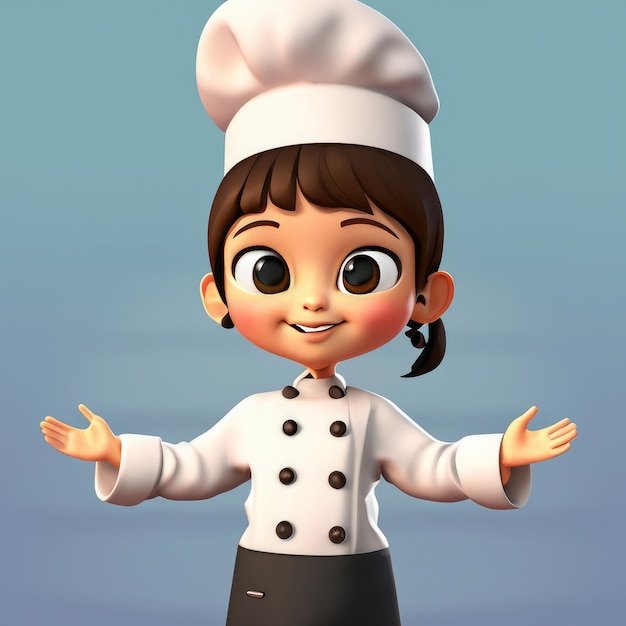 Foto cute chef garota em uniforme olá saudação pagando bem-vindo ao restaurante ilustração 3d