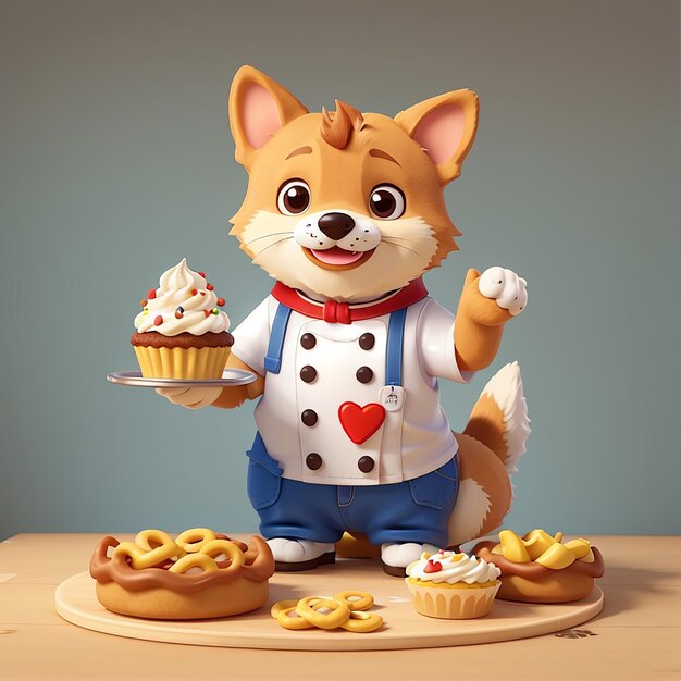 Cute Chef Shiba Inu Cão Cozinhando Pretzel Cake Ícone de desenho animado Ilustração Ícone de Alimentação Animal Conceito Isolado Vector Premium Estilo de Desenho Animado Plano