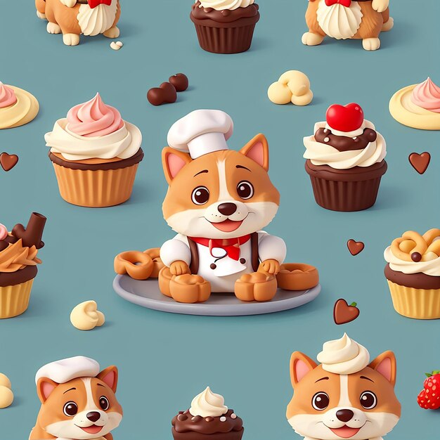 Foto cute chef shiba inu cão cozinhando pretzel cake ícone de desenho animado ilustração ícone de alimentação animal conceito isolado vector premium estilo de desenho animado plano