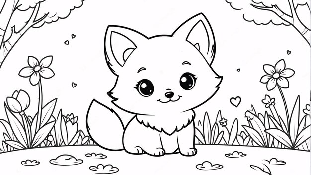 Cute Chibi Fox Line Art desenhado à mão Kawaii Kids Coloring Book Ilustração