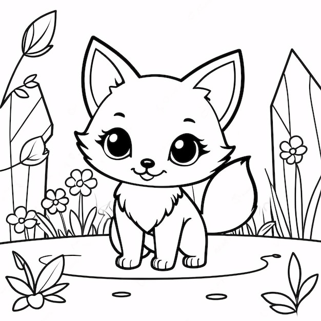 Cute Chibi Fox Line Art desenhado à mão Kawaii Kids Coloring Book Ilustração