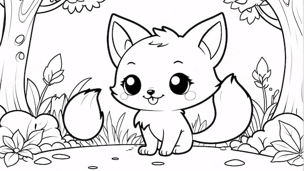 Cute Chibi Fox Line Art desenhado à mão Kawaii Kids Coloring Book Ilustração