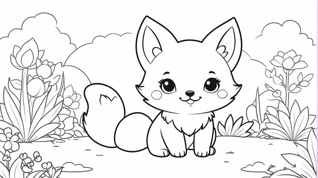 Cute Chibi Fox Line Art desenhado à mão Kawaii Kids Coloring Book Ilustração