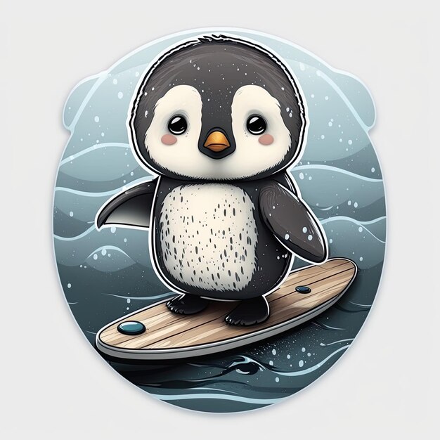 Cute chibi pinguin en sup board dibujos animados estilo chibi AI generativo