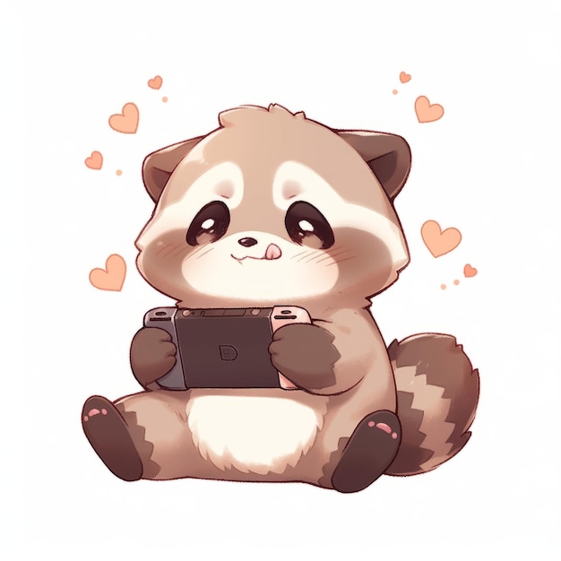 Cute Chubby Baby Raccoon se involucra en Kawaii Nintendo Switch Playtime Un retrato de alta definición en un